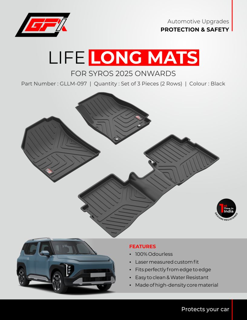 Durable GFX Kia Syros 2025 Onwards Life Long TPV Floor Mats in Bangalore