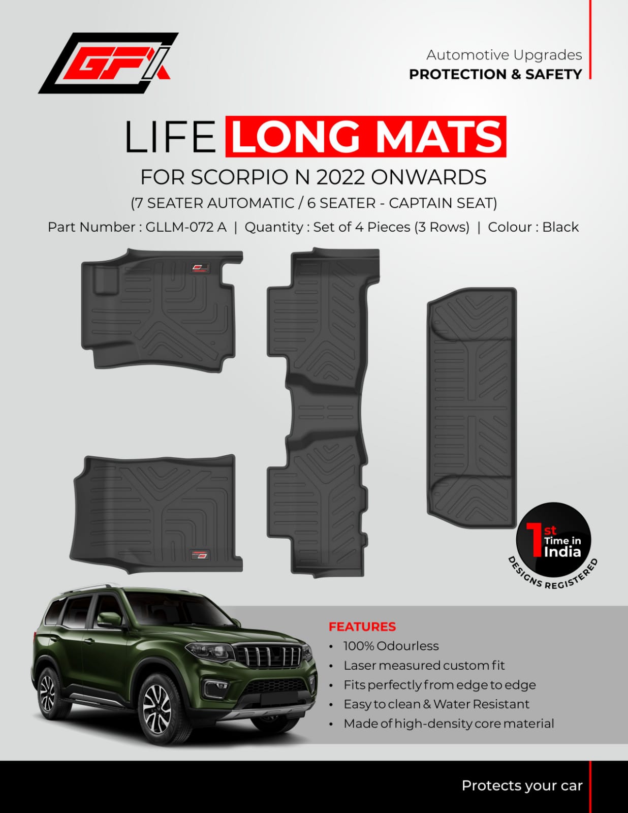 Buy GFX Mahindra Scorpio N 2022 Onwards Life Long TPV Floor Mats in Bangalore