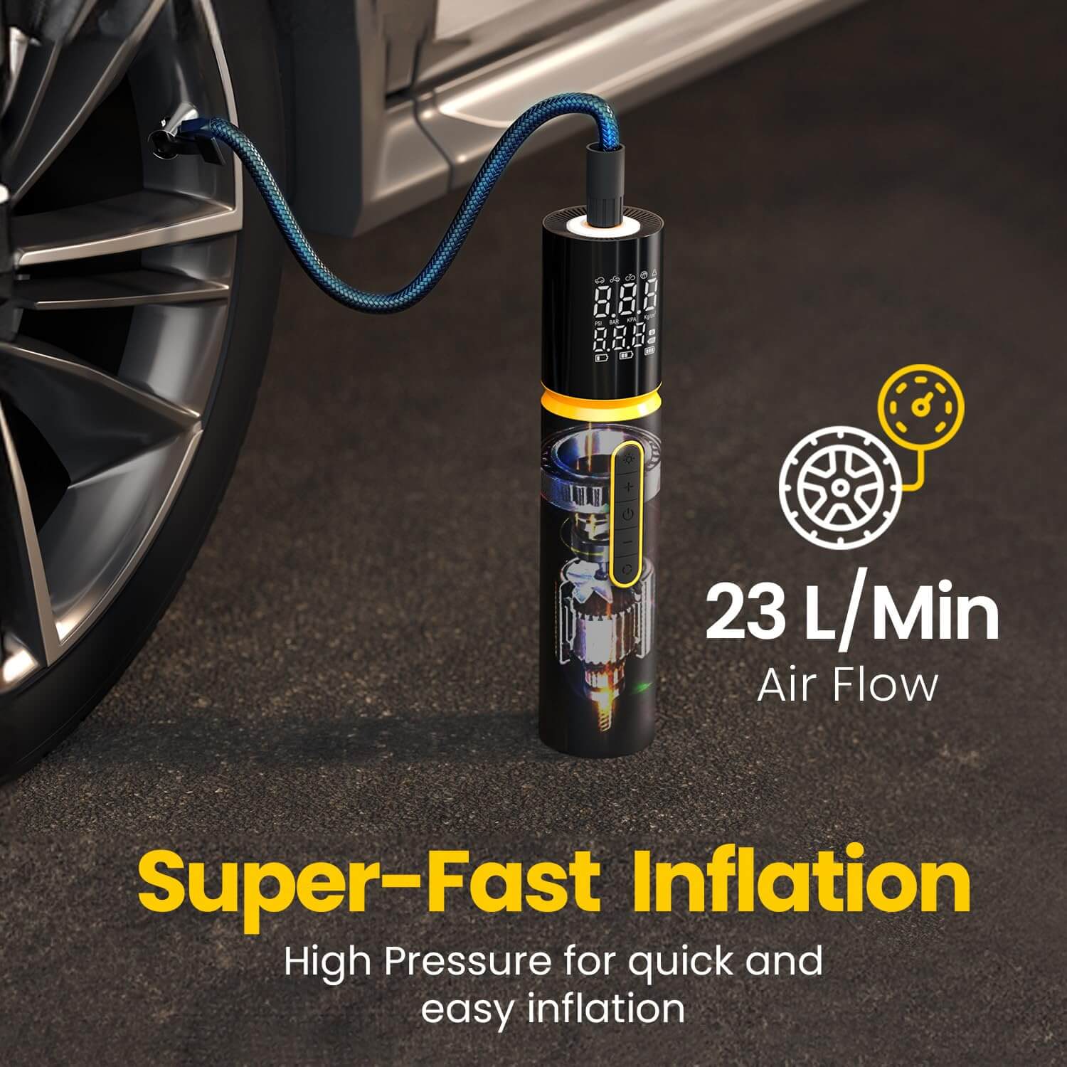 Compact Portronics Vayu 5 tyre inflator for quick inflation in Bangalore