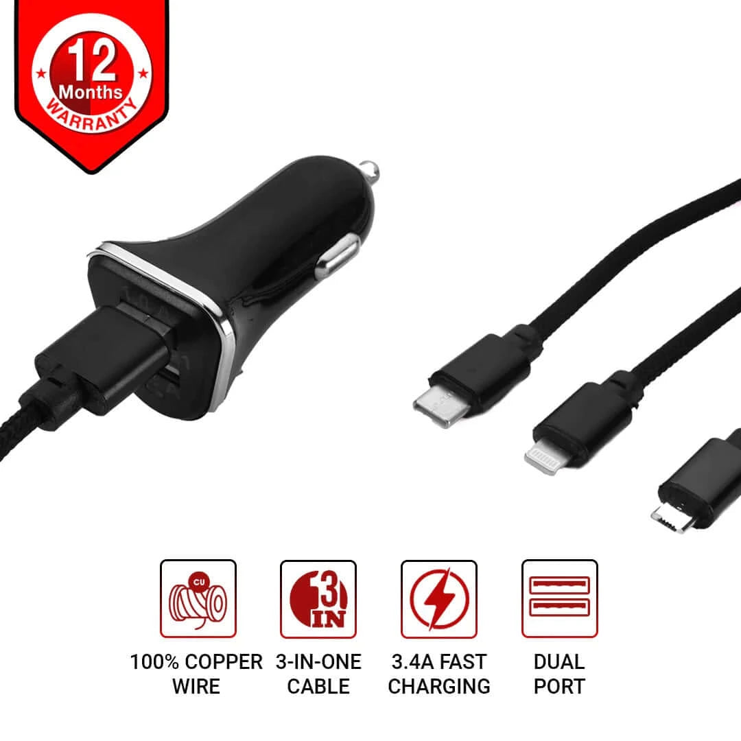 Ctrack Nxt Dual USB Mobile Charger with 3 in 1 Cable (Black)