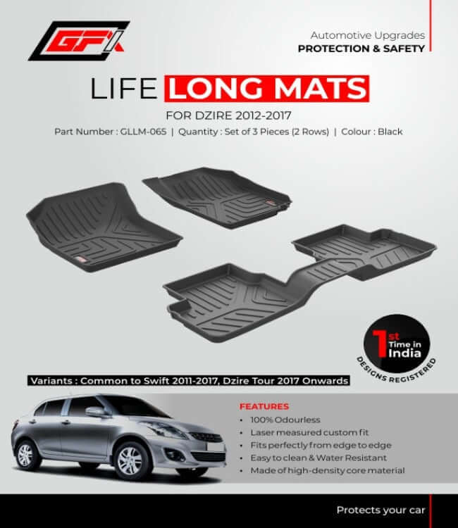 Buy GFX floor mats for Maruti Suzuki Dzire (2012-2017 & 2017 onwards, set of 3 pcs) in Bangalore