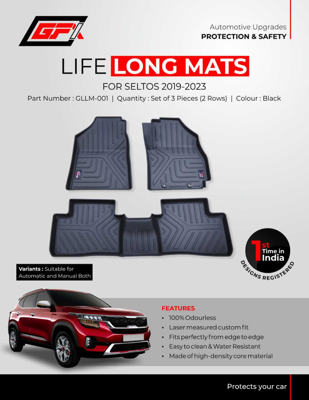 GFX Life Long Car Floor/Foot Mats For Kia Seltos (2019 Onwards)(Set of 3 Pcs)