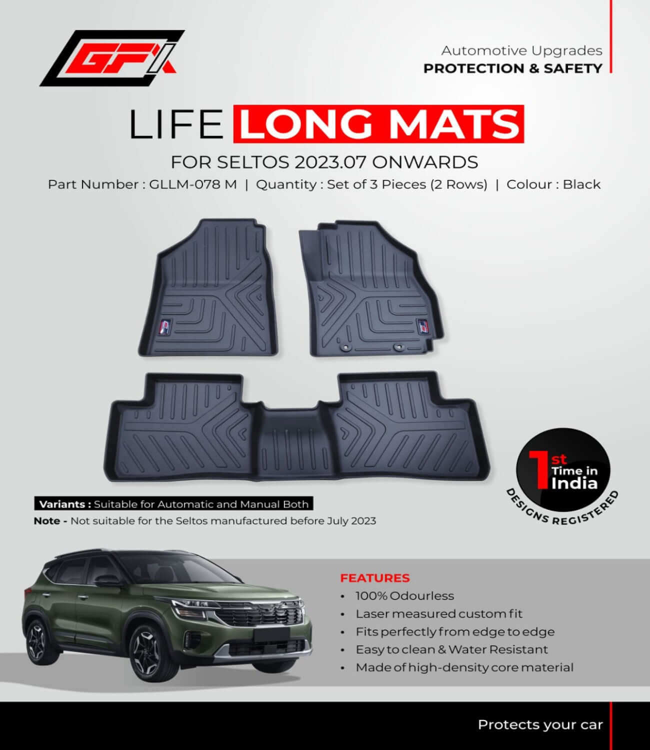 GFX Life Long Car FloorFoot Mats For Kia Seltos (2019 Onwards)(Set of 3 Pcs)