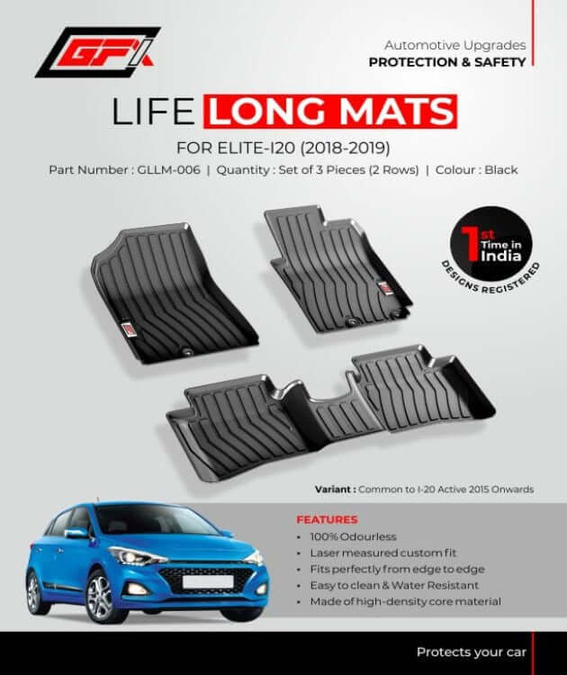 GFX Life Long Car Floor Mats For Hyundai I-20 Elite (2018-2019)