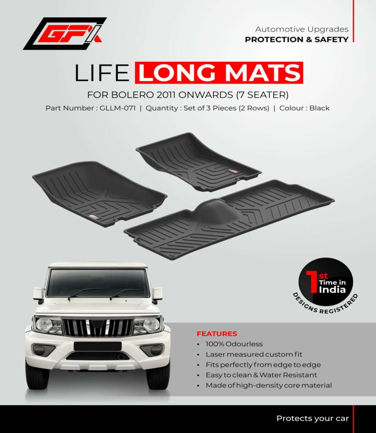 GFX life long floor mats for Mahindra Bolero (2011-2023, set of 3 pcs) in Bangalore