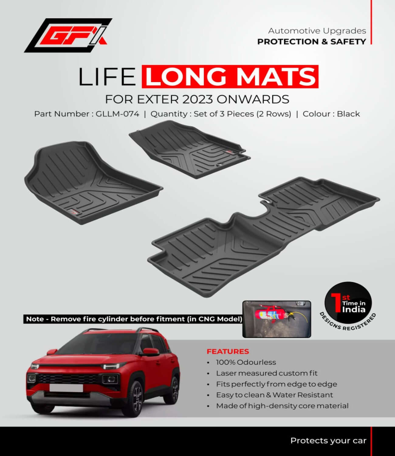 Buy GFX Lifelong floor mats for Hyundai Exter 2023 onwards, set of 3 pcs in Bangalore