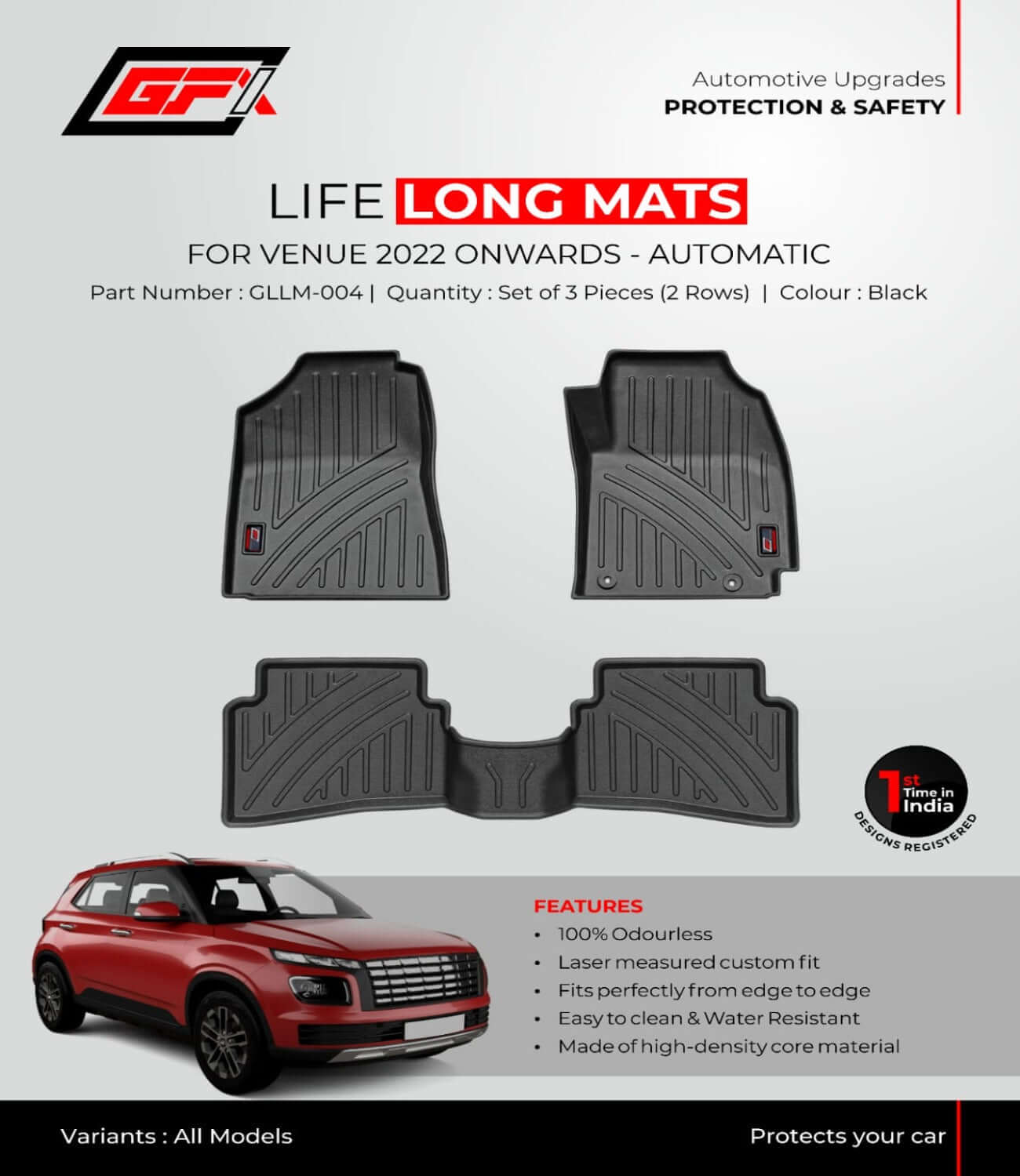 GFX Premium Life Long Floor Mats For Hyundai Venue (2019 Onwards)