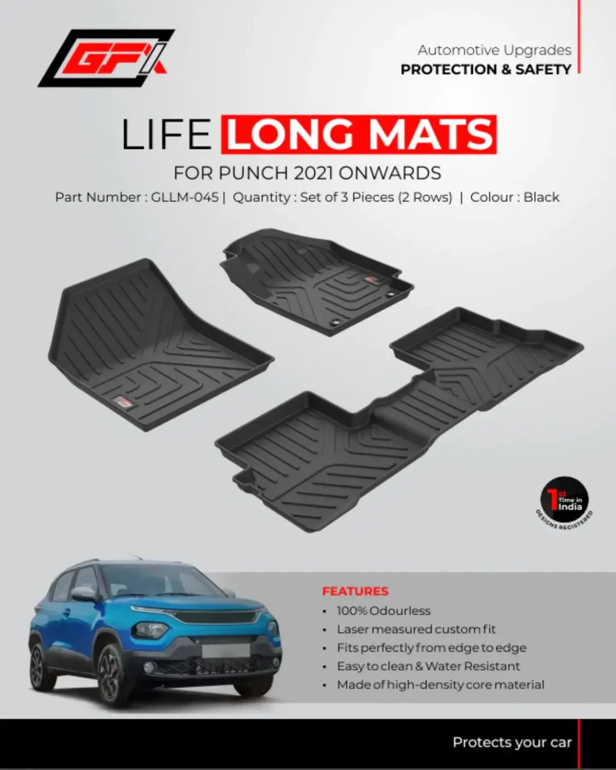 GFX Premium Life Long Floor Mats For Tata Punch (2021 Onwards)(Set of 3 Pcs.)