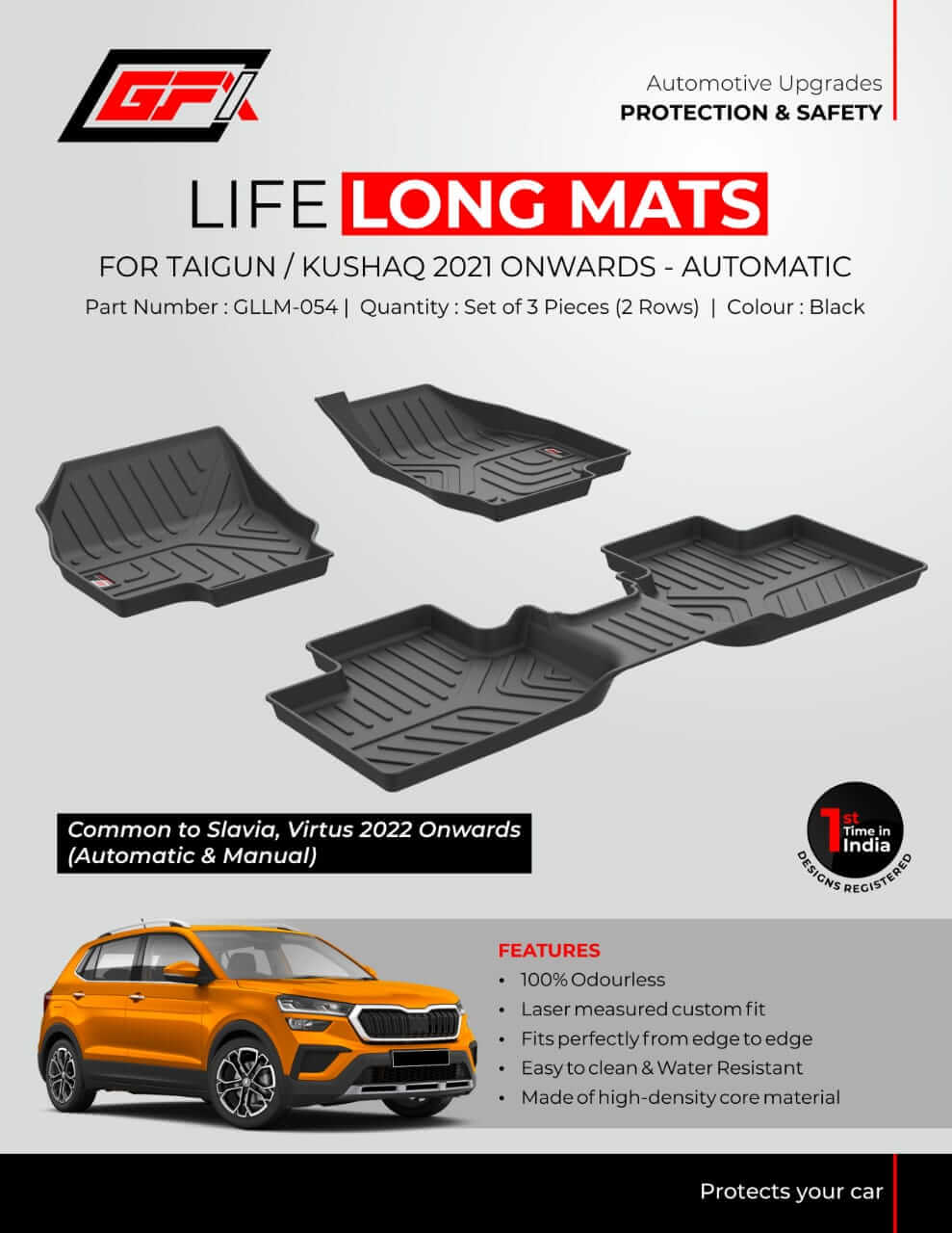 Buy GFX All Weather lifelong floor mats for Skoda Kushaq 2021 onwards, set of 3 pcs) in Bangalore