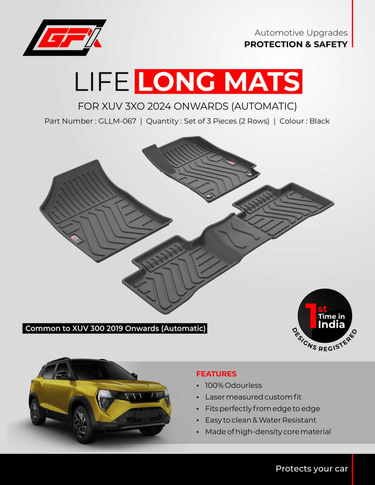 GFX Mahindra XUV 3XO 2024 Onwards Automatic Life Long Floor Mats in Bangalore