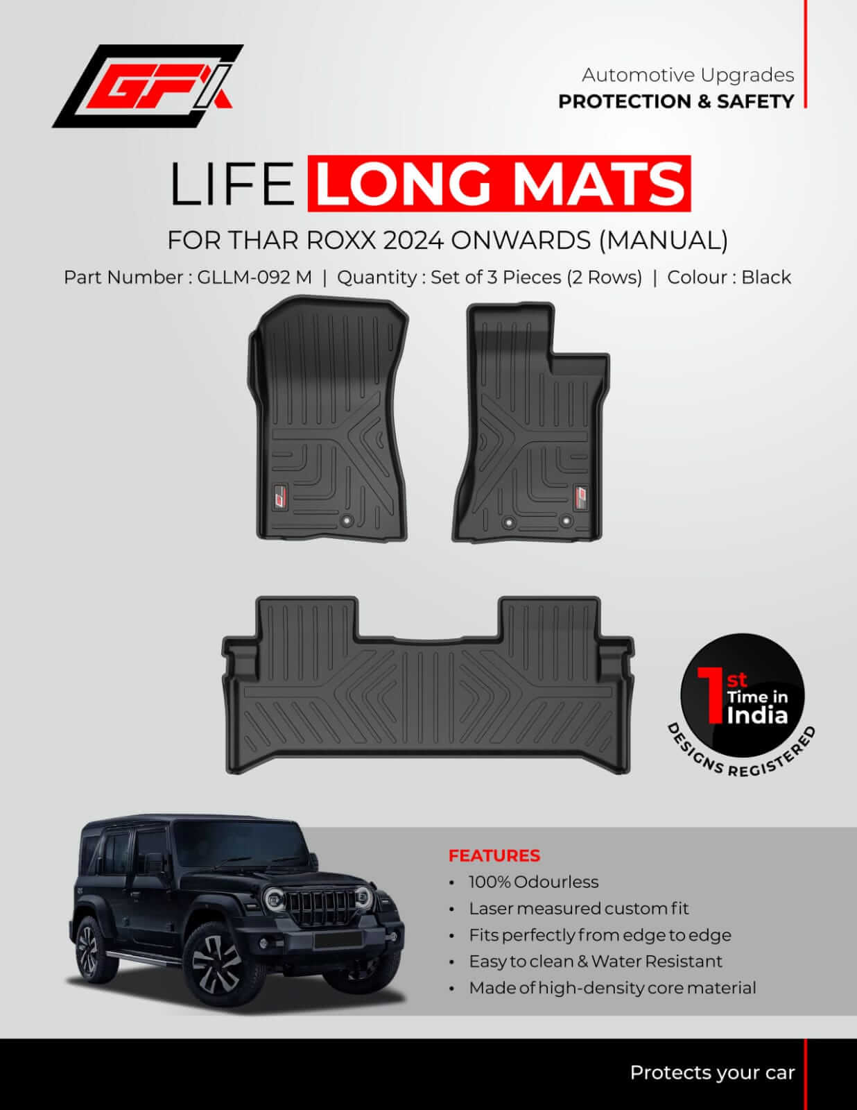 Buy GFX life long floor mats for Mahindra Thar Roxx 2024 onwards, set of 3 pcs) in Bangalore