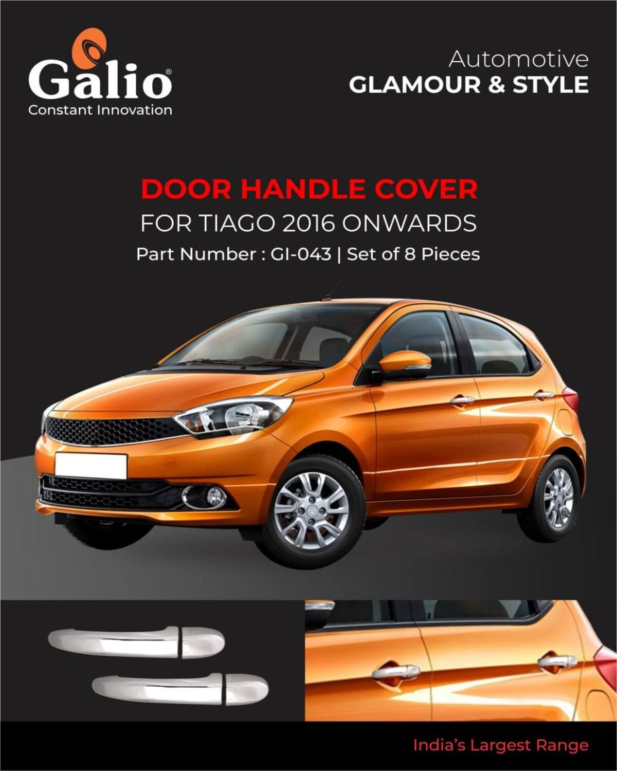 Galio Car Chrome Door Handle Cover Garnish For Tata Tiago (2016 Onwards) (Set of 4 pcs.)