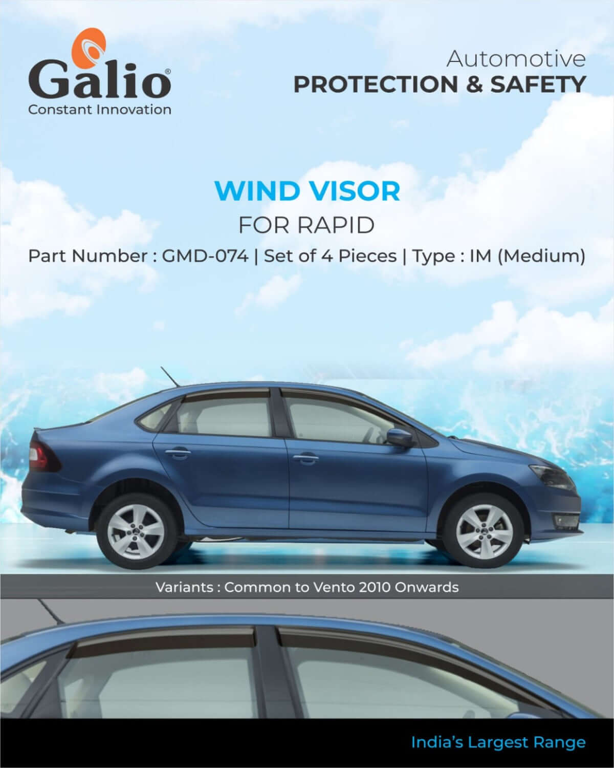 Galio Car Door Wind Visor For Skoda Rapid (2012 Onwards)(Set of 4 Pcs.)