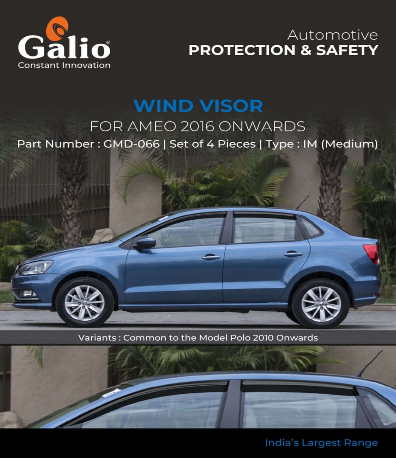 Galio Car Door Wind Visor For Volkswagen Ameo (2016 onwards)(Set of 4 Pcs.)