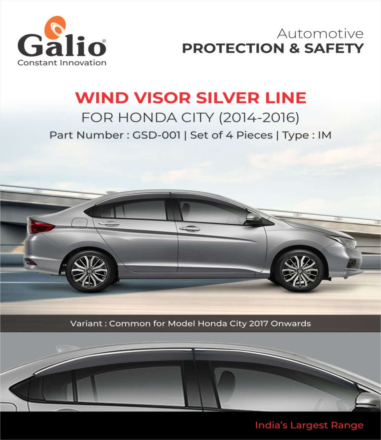 Galio Car Door Wind Visor With Silver Chrome Line For Honda City 