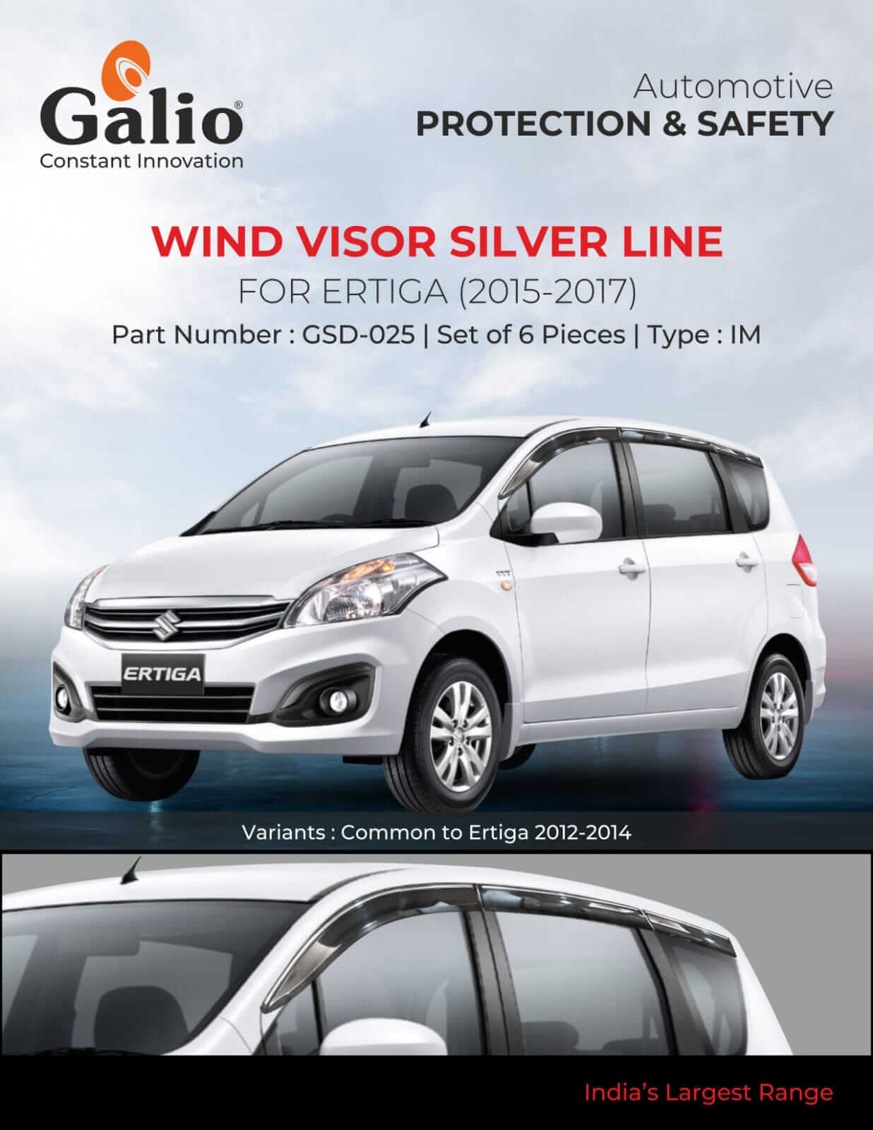 Galio Car Door Wind Visor With Silver Chrome Line For Maruti Suzuki Ertiga (2012 To 2023)(Set of 6 pcs.)