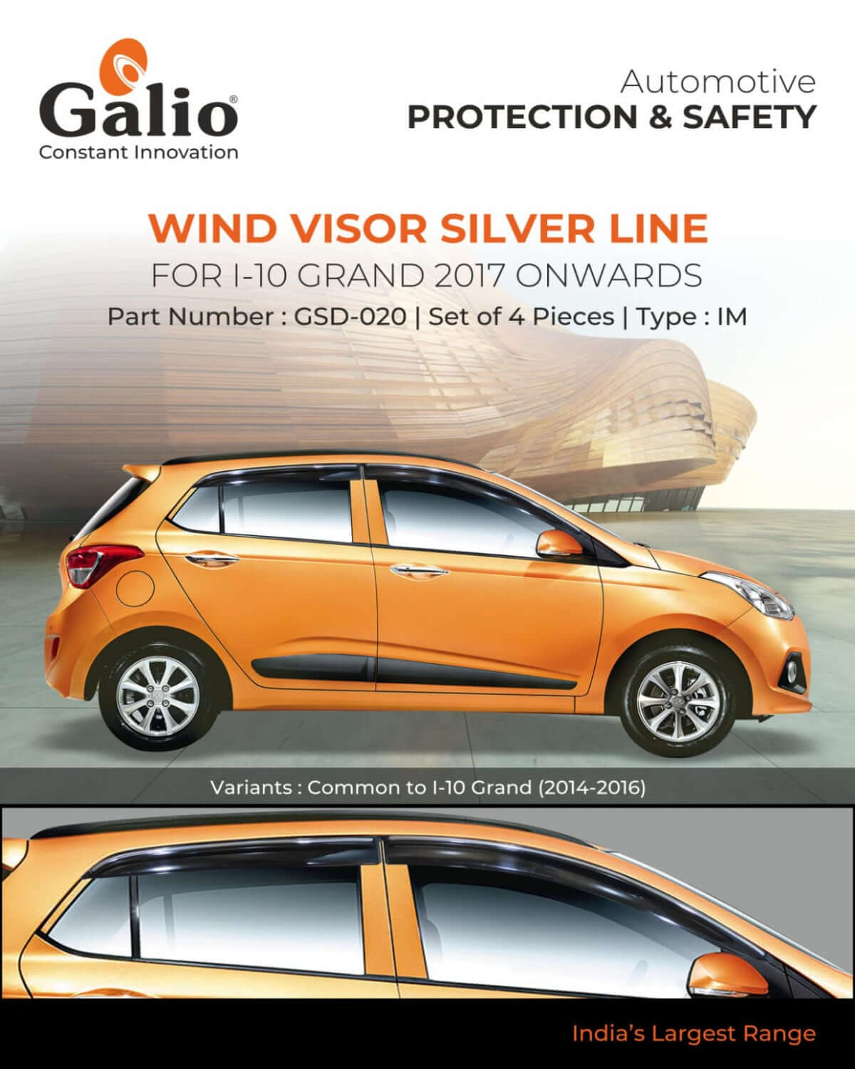 Galio Car Door Wind Visor With Silver Line For Hyundai i-10 Grand (2014 TO 2023)