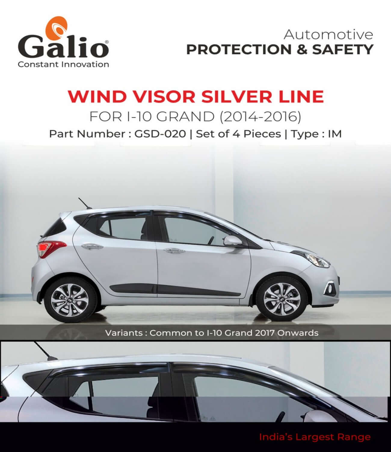 Galio Car Door Wind Visor With Silver Line For Hyundai i-10 Grand (2014 TO 2023)