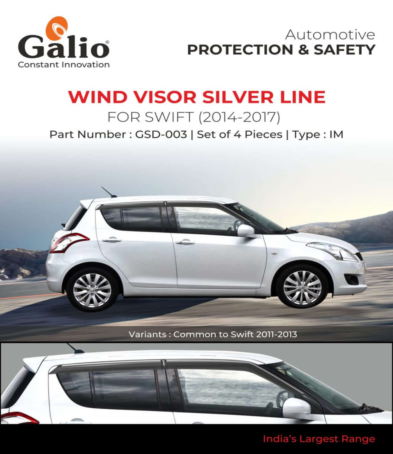 Galio Car Door Wind Visor With Silver Line For Maruti Suzuki Swift (2011-2017) & (2018 onwards)