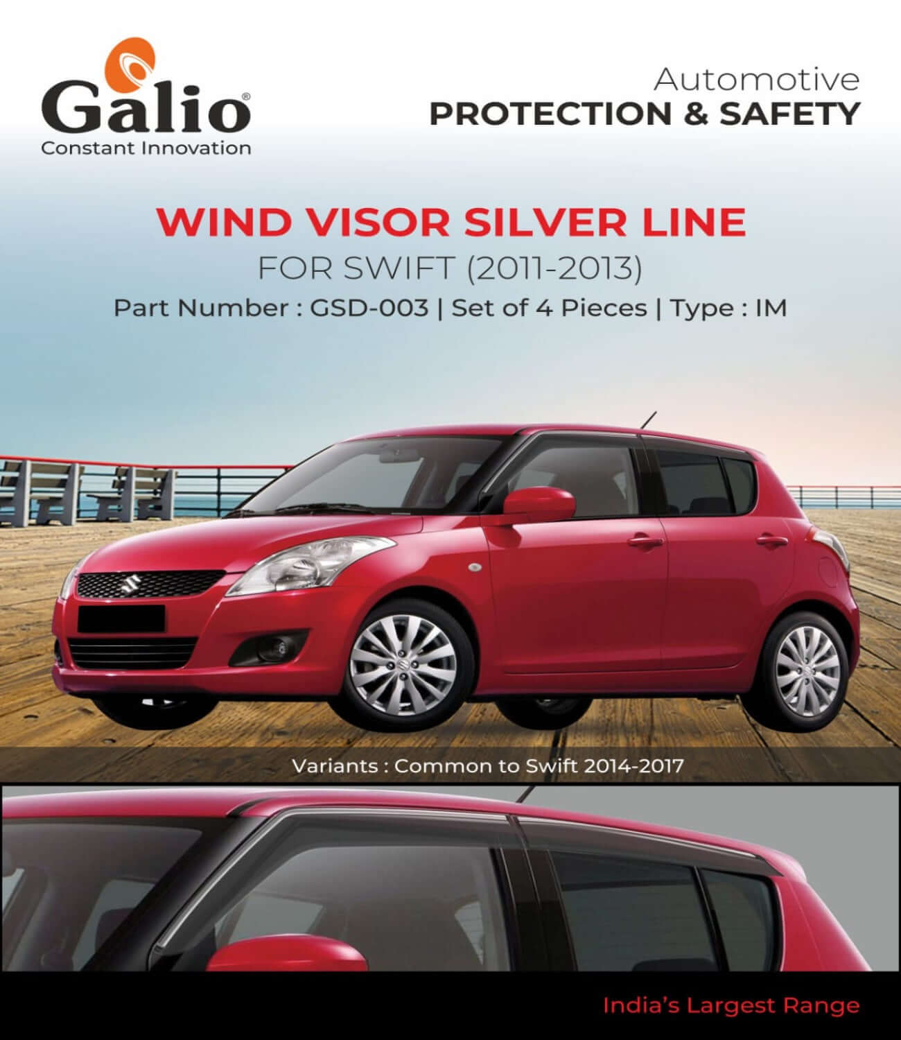 Galio Car Door Wind Visor With Silver Line For Maruti Suzuki Swift (2011-2017) & (2018 onwards)