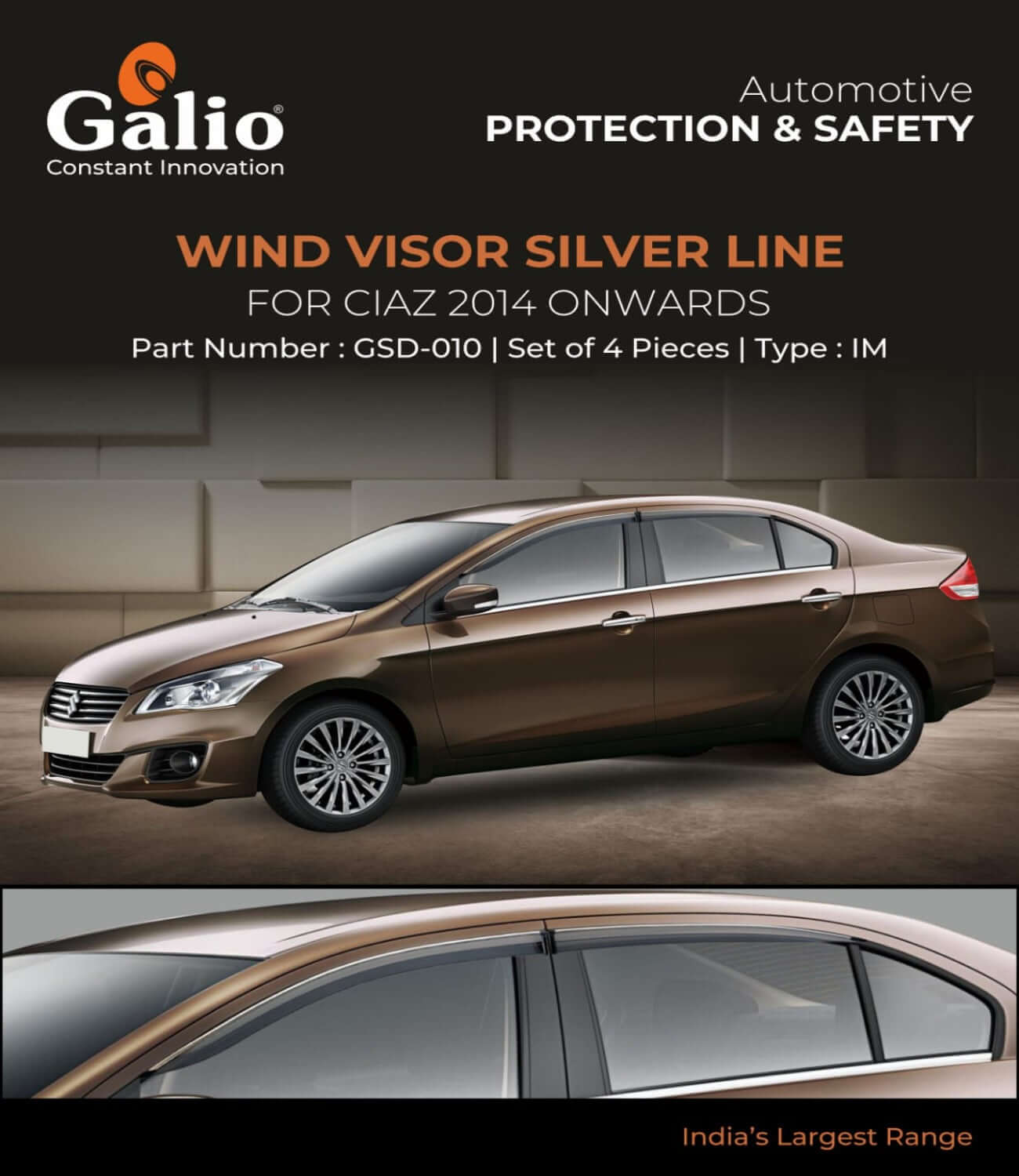 Galio Car Door Wind Visor with Silver Chrome Line For Maruti Suzuki Ciaz (2014 Onwards)