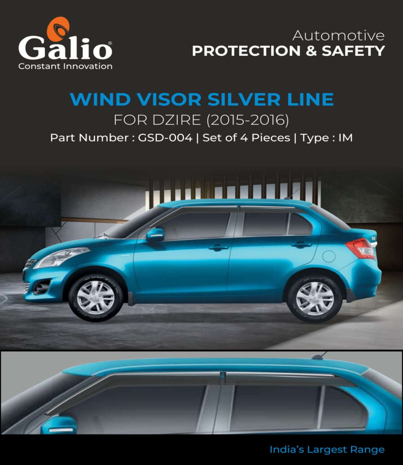 Galio Car Door Wind Visor with Silver Chrome Line for Maruti Suzuki Swift Dzire 