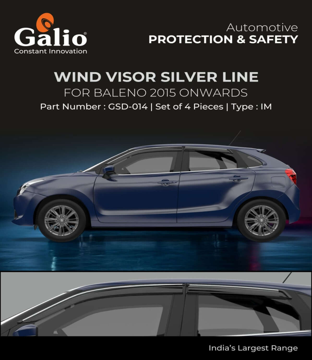 Galio Car Door Wind Visor with Silver Line For Maruti Suzuki Baleno (2015 onwards)