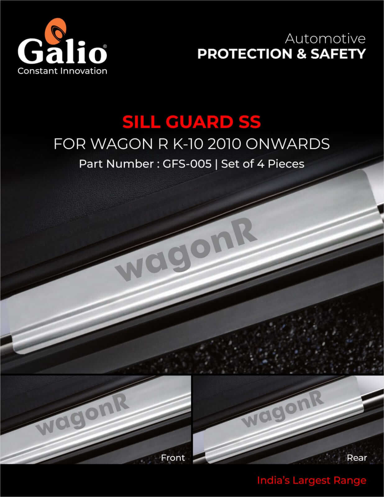 Galio Car Footsteps Stainless Steel Plate Sill Guard For Maruti Suzuki Wagon-R (2010 TO 2018) (Set of 4 Pcs.)