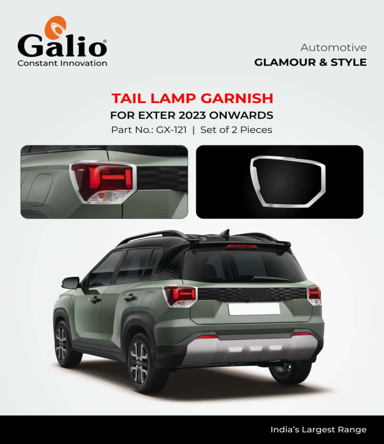 Galio Chrome Finish Tail Lamp Garnish Cover For Hyundai Exter (2023 Onwards)(Set of 2 Pcs.)