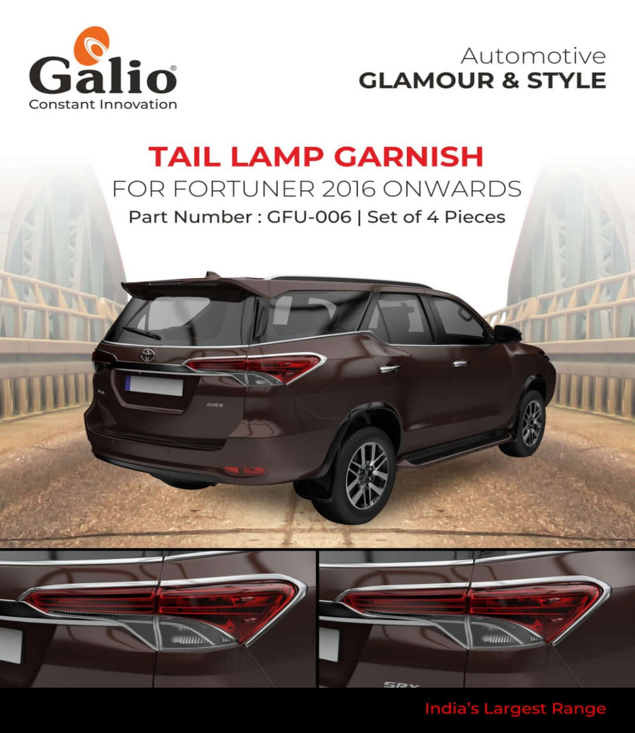 Galio Chrome Finish Tail Lamp Garnish Cover For Toyota Fortuner(2016 onwards)(Set of 4 Pcs.)