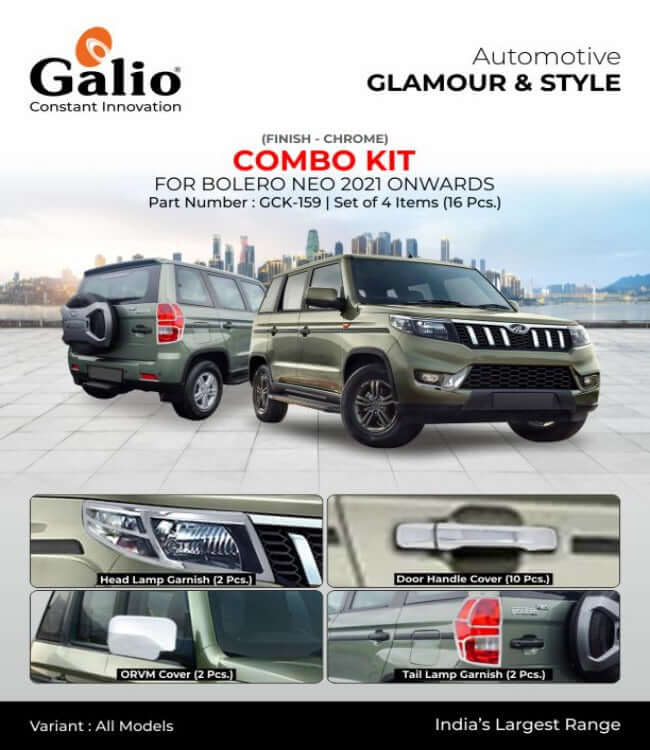 Galio Premium Chrome Combo Kit Garnish For Mahindra Bolero Neo (2021 onwards) (Set of 4 Items) (16 Pcs.)