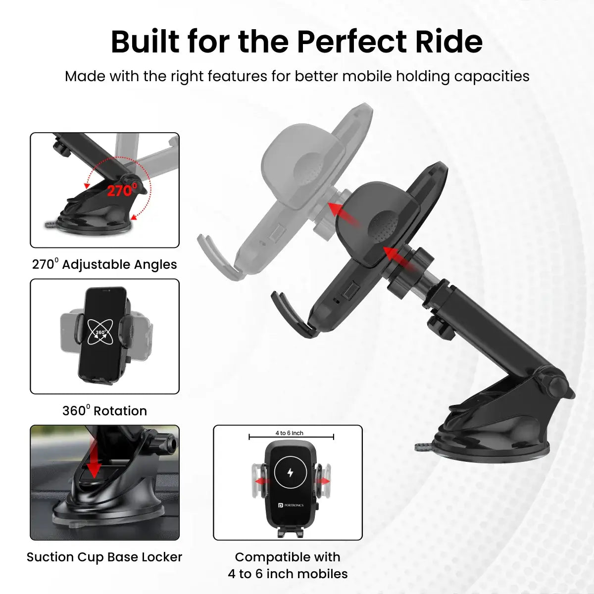 Portronics Charge Clamp 2 Car Mobile Holder (Black)