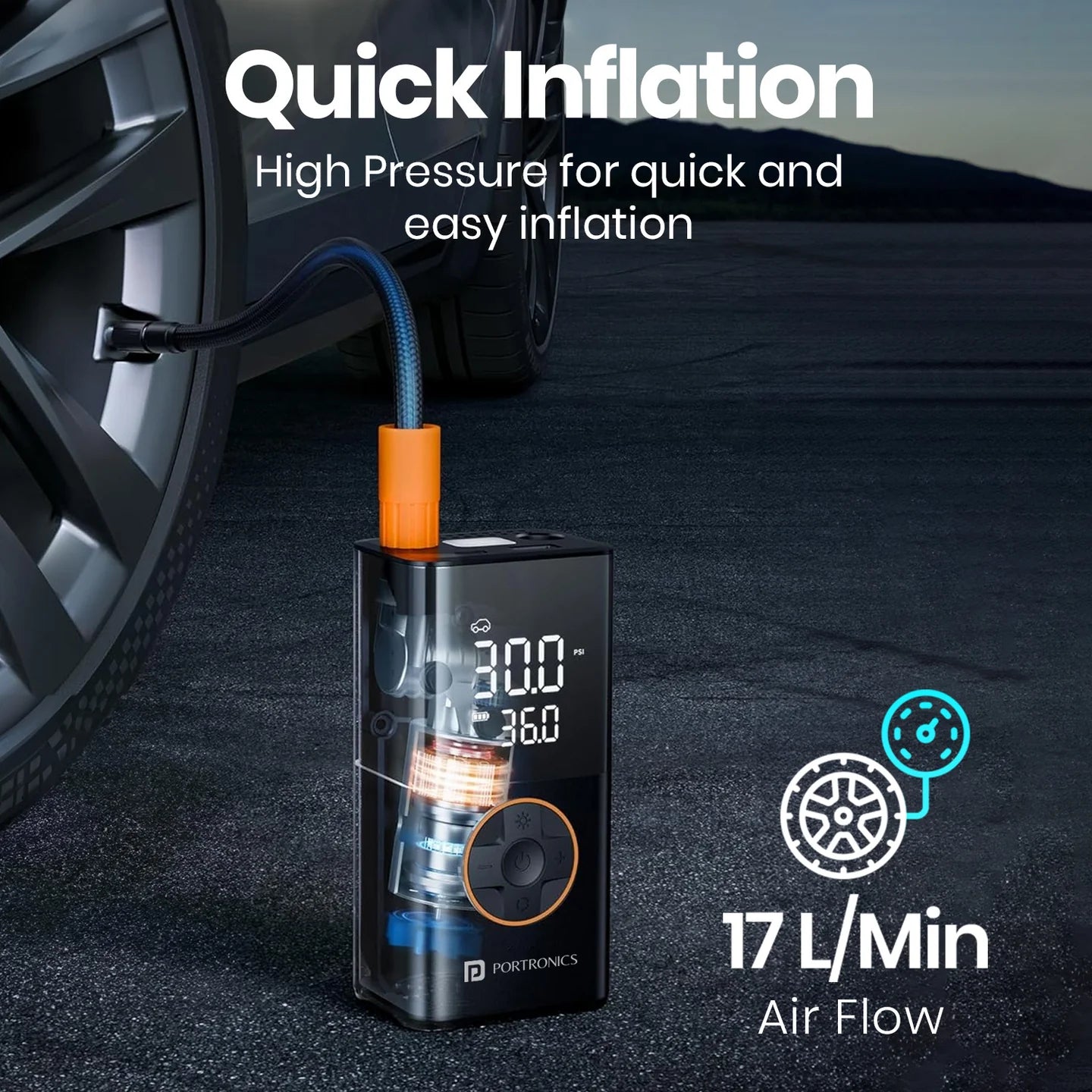Portronics Vayu 3.0 Portable Tyre Inflator For Cars, Bikes, Bicycles & Balls