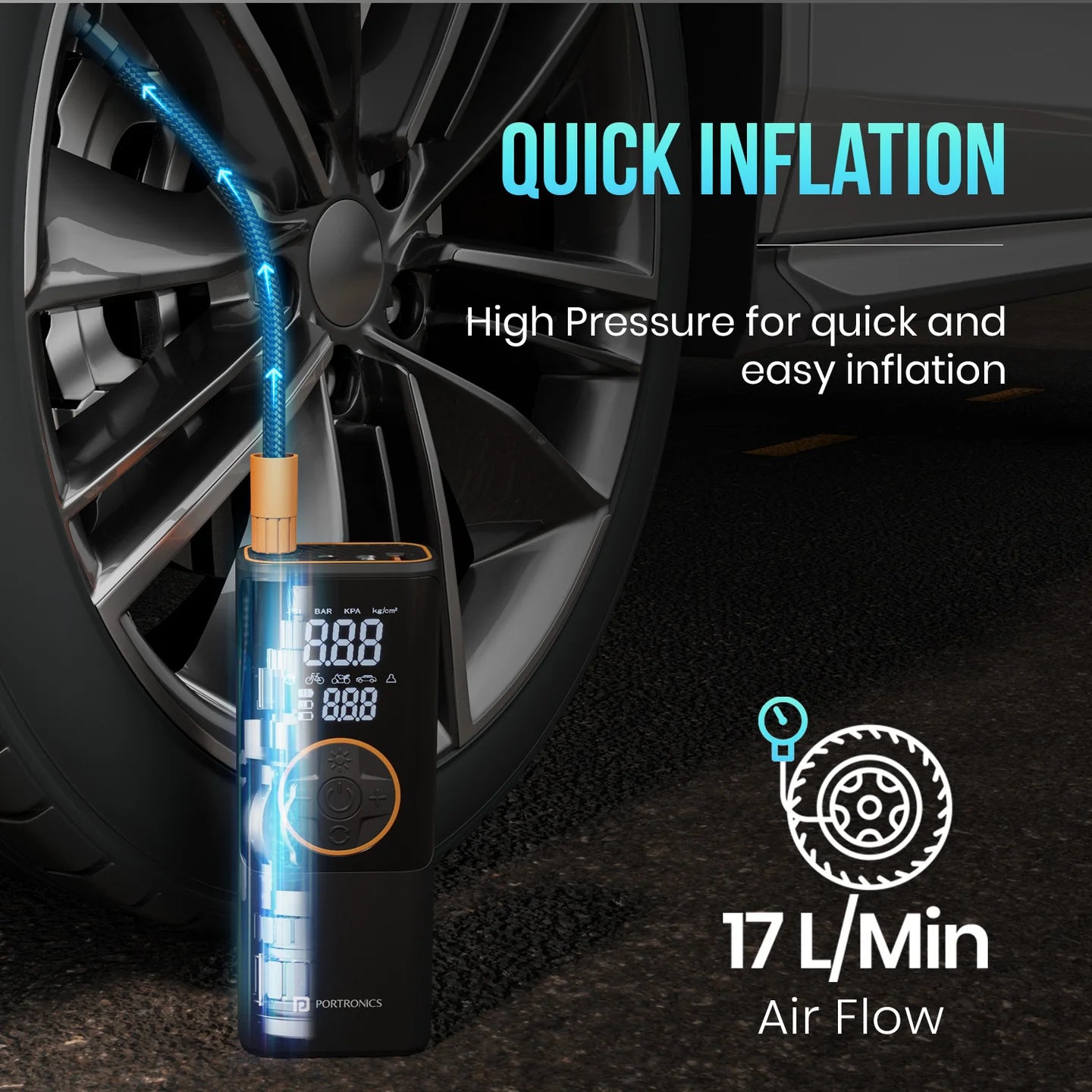 Portronics Vayu 4.0 Portable Tyre Inflator For Cars, Motorcycles