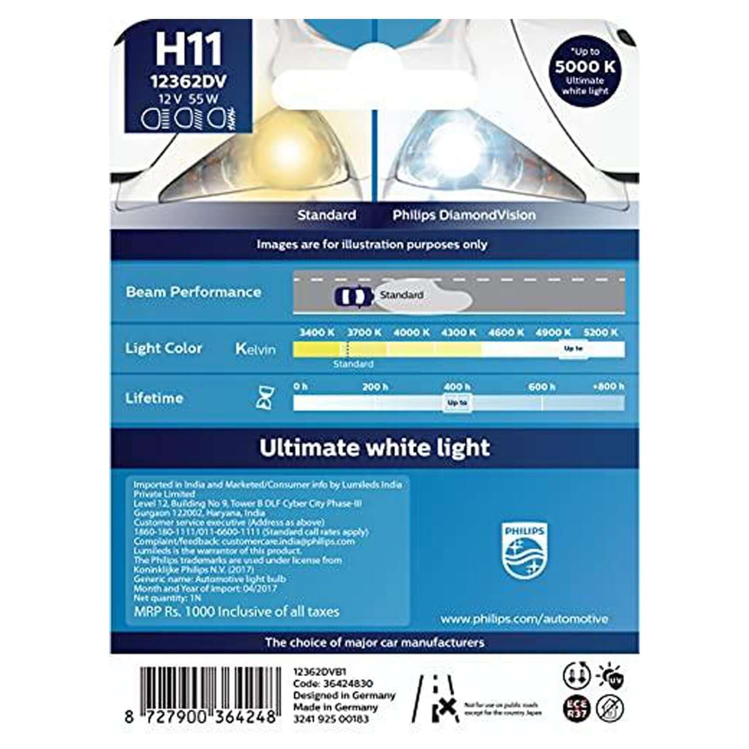 Philips H11 12362 Diamond Vision Headlight Bulb (12V, 55W)