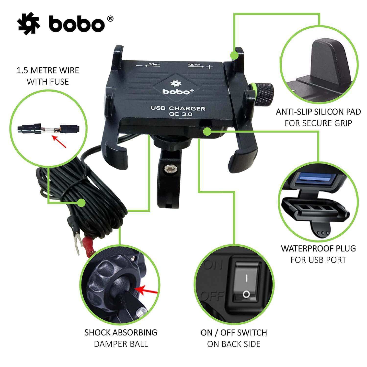 BOBO BM5 Claw-Grip Aluminium Bike Phone Holder (With Fast USB 3.0 Charger)