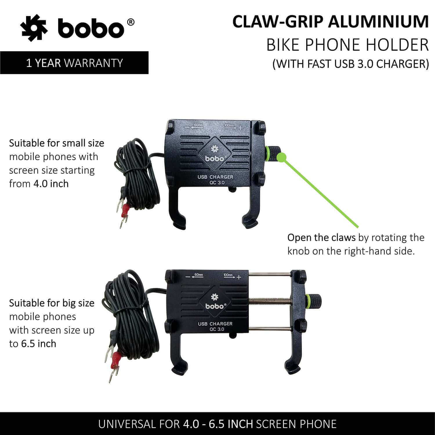 BOBO BM5 Claw-Grip Aluminium Bike Phone Holder (With Fast USB 3.0 Charger)