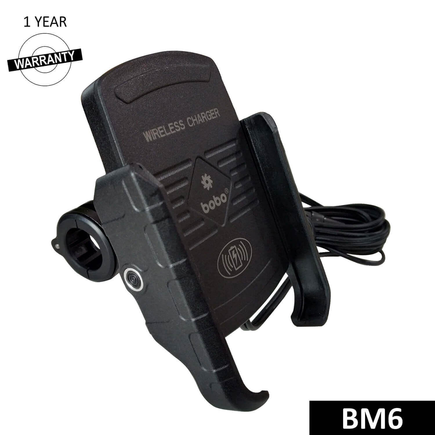 BOBO BM6 Jaw-Grip Bike Phone Holder (with Fast 15W Wireless Charger) Motorcycle Mobile Mount (Black)