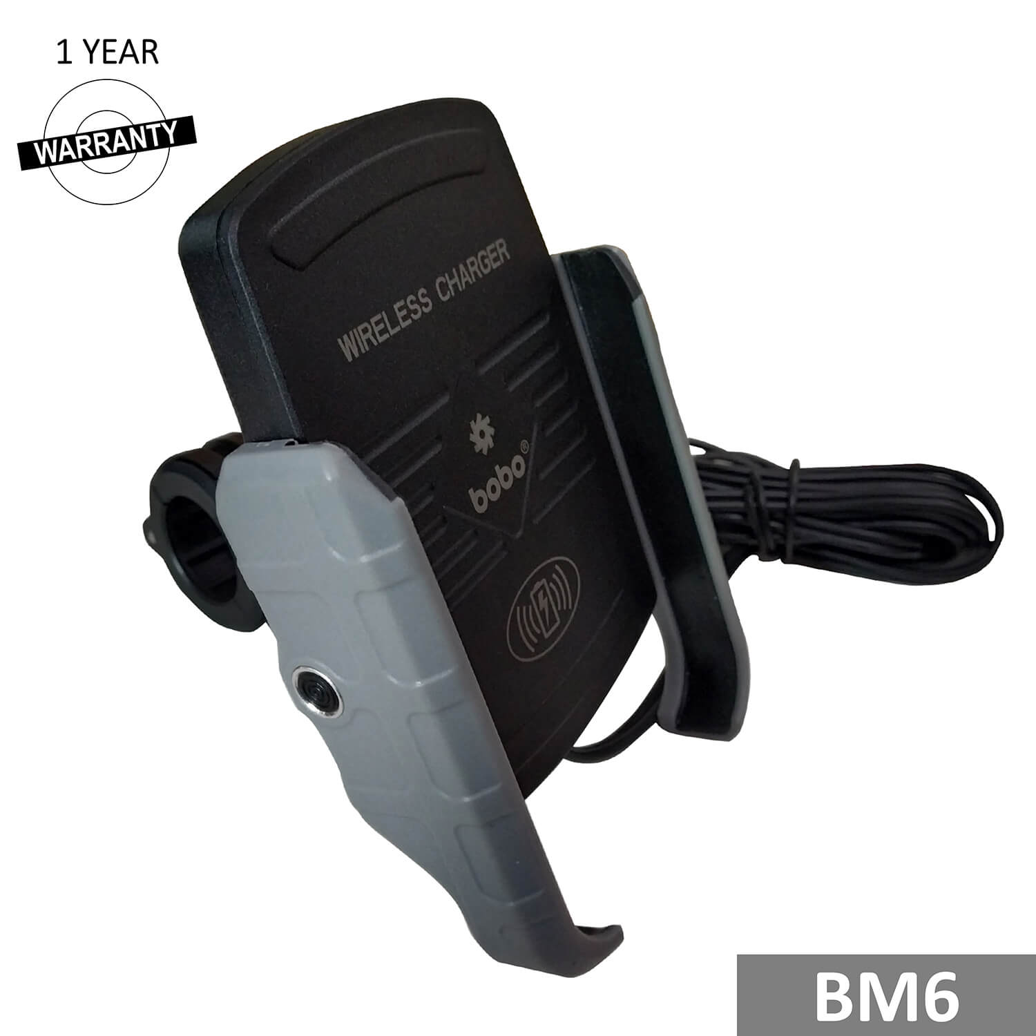 BOBO BM6 Jaw-Grip Bike Phone Holder (with Fast 15W Wireless Charger) Motorcycle Mobile Mount (Black)