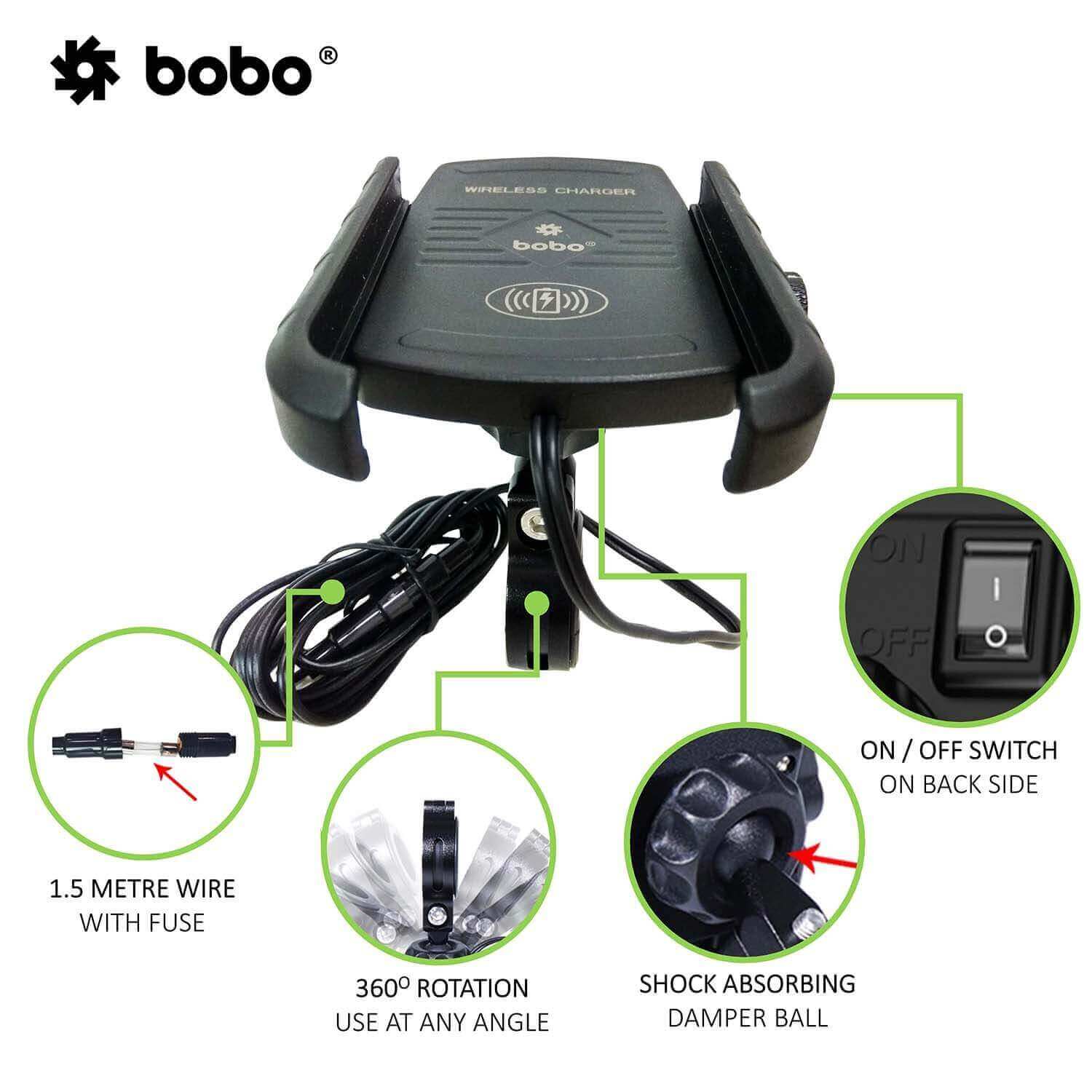 BOBO BM6 Jaw-Grip Bike Phone Holder (with Fast 15W Wireless Charger) Motorcycle Mobile Mount (Black)