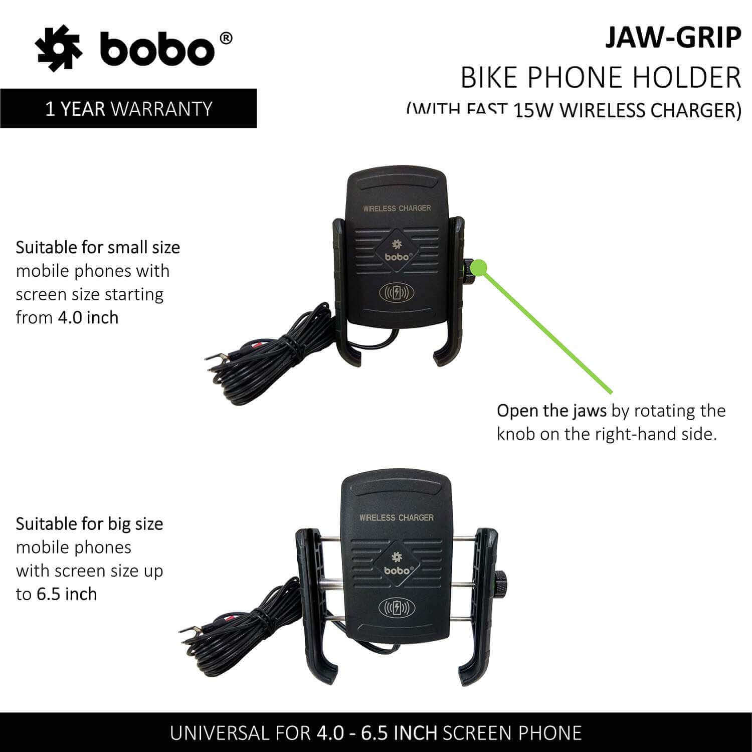 BOBO BM6 Jaw-Grip Bike Phone Holder (with Fast 15W Wireless Charger) Motorcycle Mobile Mount (Black)