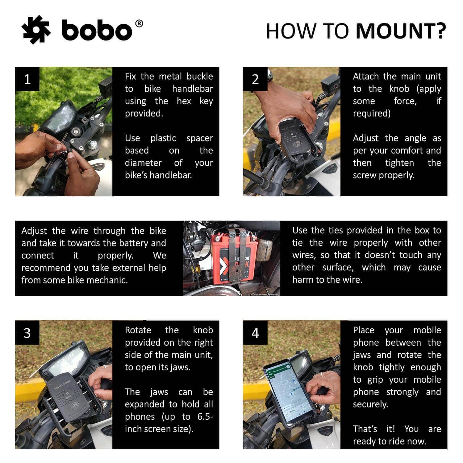 BOBO BM6 Jaw-Grip Bike Phone Holder (with Fast 15W Wireless Charger) Motorcycle Mobile Mount (Black)