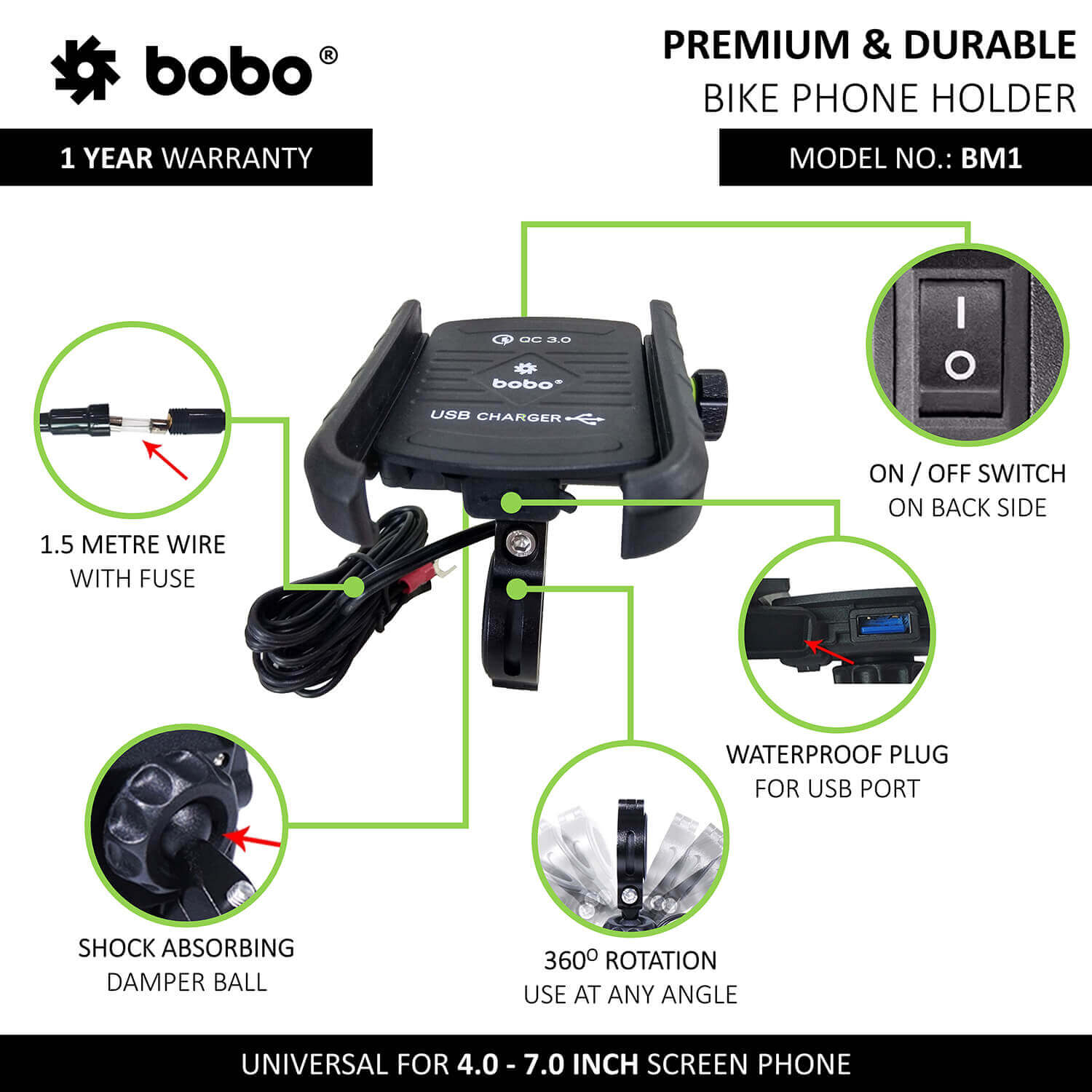 BOBO BM1 Jaw-Grip Bike Phone Holder (with fast USB 3.0 charger)