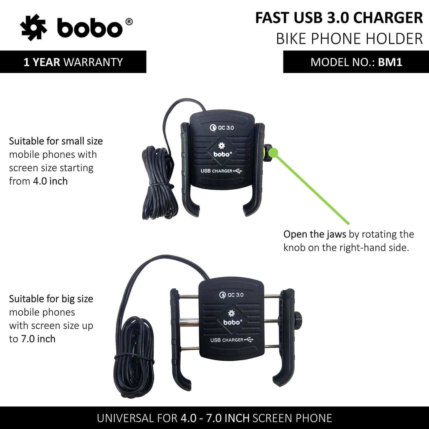 BOBO BM1 Jaw-Grip Bike Phone Holder (with fast USB 3.0 charger)