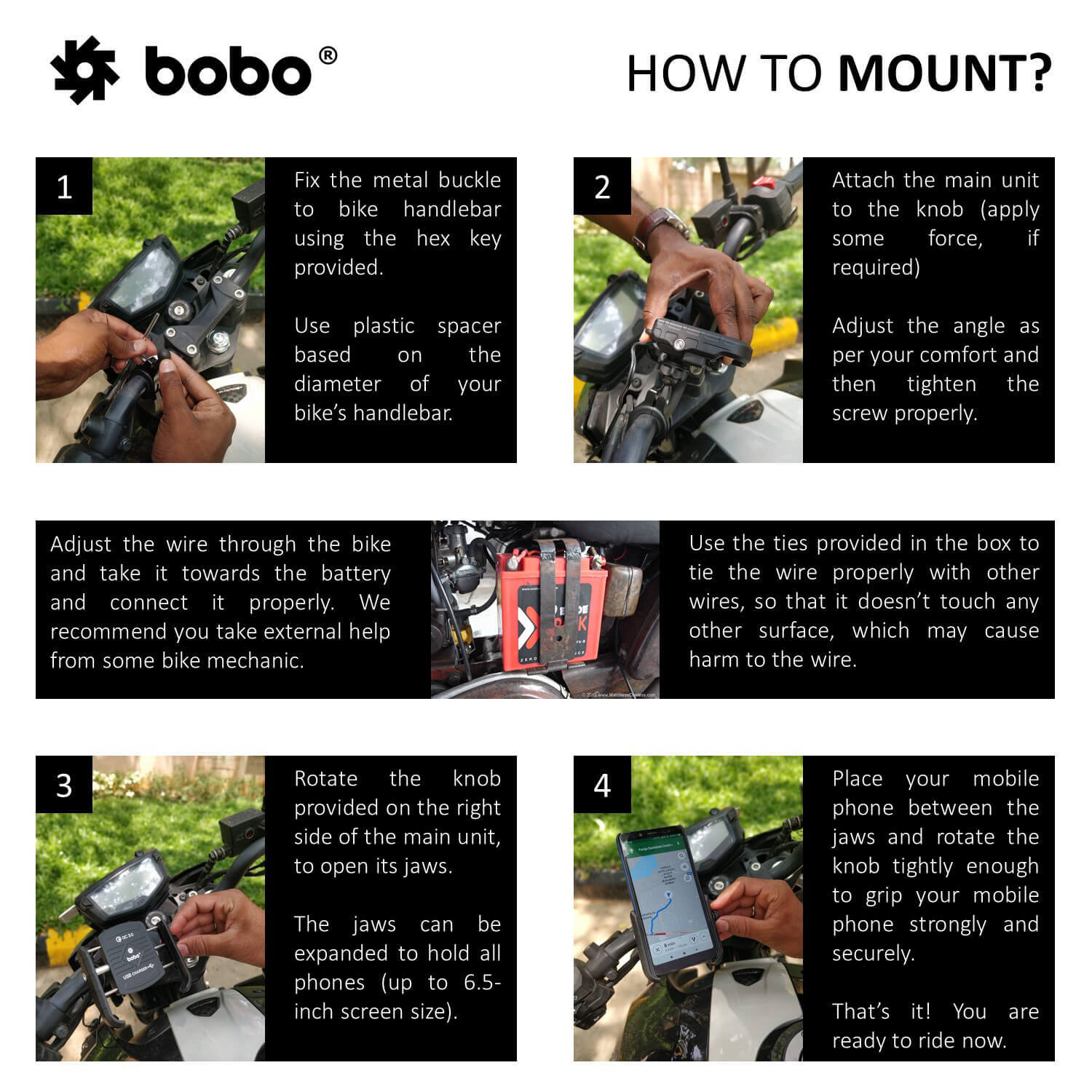 BOBO BM1 Jaw-Grip Bike Phone Holder (with fast USB 3.0 charger)