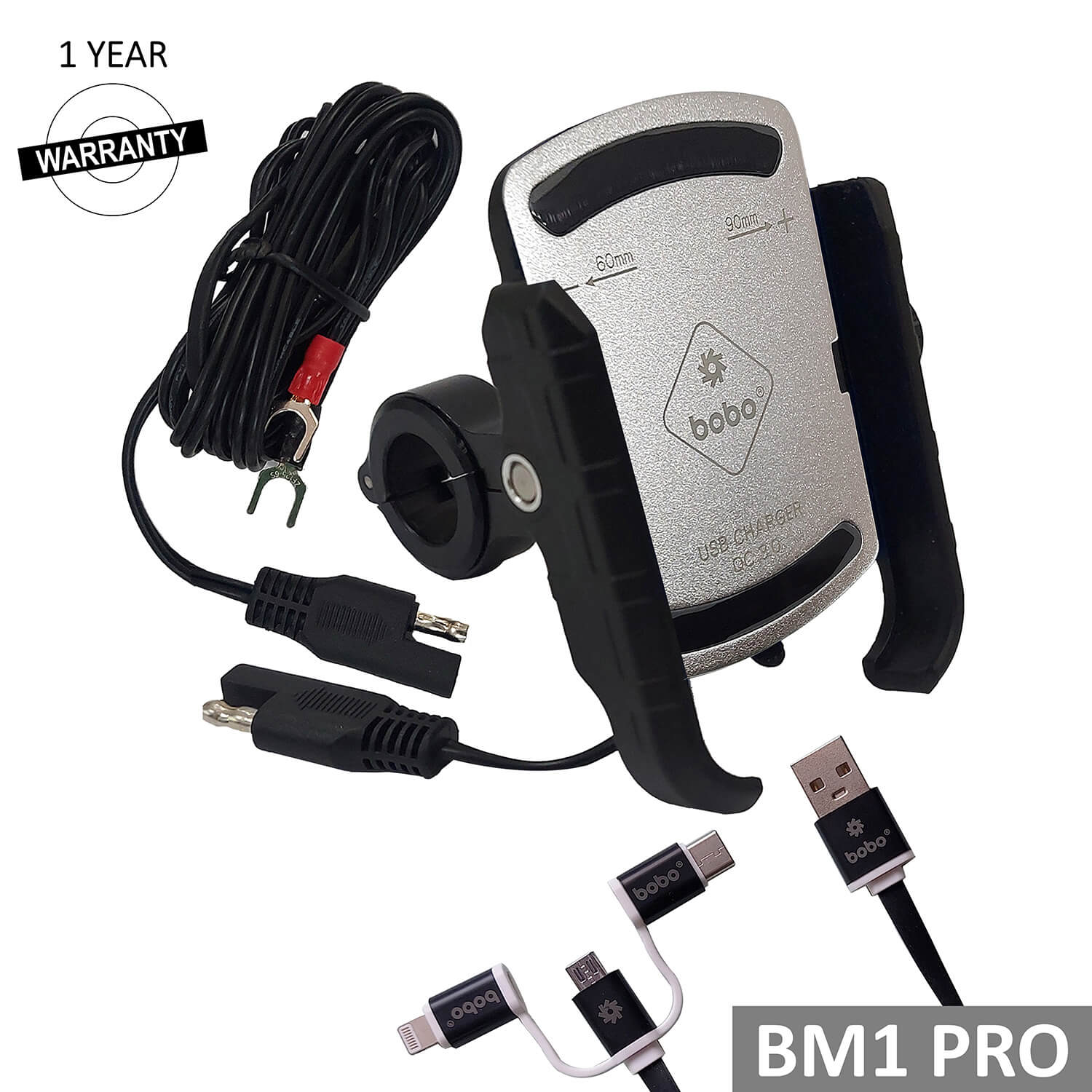BOBO BM1 PRO Jaw-Grip Bike Phone Holder (with fast USB 3.0 charger, SAE connector & Fast USB Cable) Motorcycle Mobile Mount