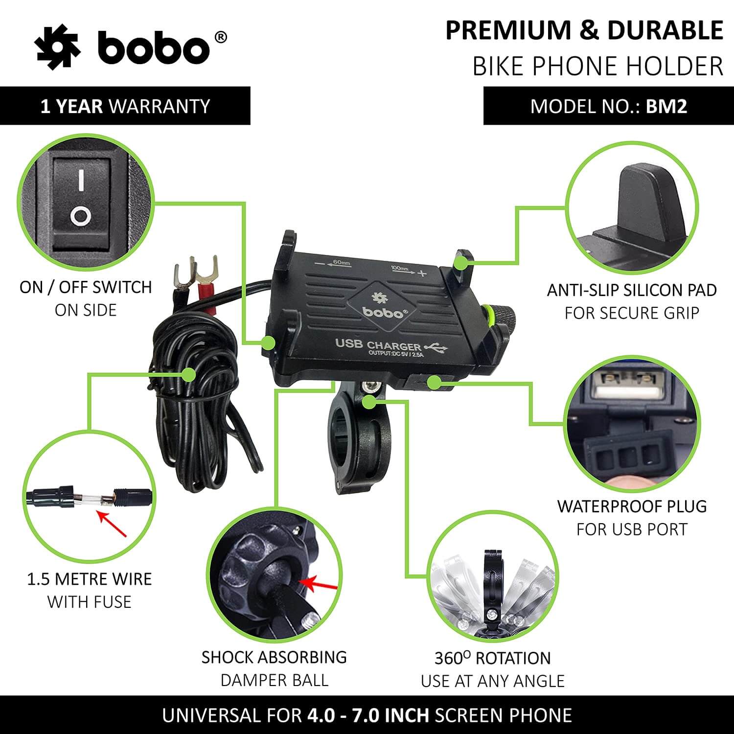 BOBO BM2 Aluminium Waterproof BikeMotorcycleScooter Mobile Phone Holder Mount (With 2.5A USB Charger)