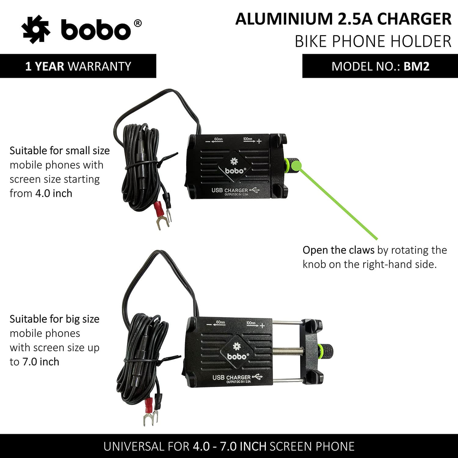 BOBO BM2 Aluminium Waterproof BikeMotorcycleScooter Mobile Phone Holder Mount (With 2.5A USB Charger)