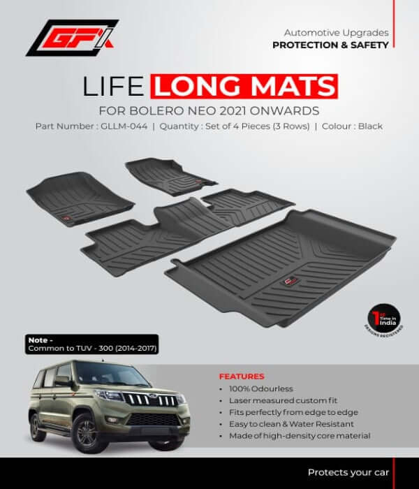 GFX Life Long FloorFoot Mats for Mahindra Bolero Neo (2021 Onwards) (Set of 4 Pcs.)