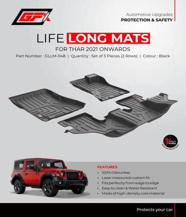 GFX Life Long Floor Mats for Mahindra Thar 2021 Onwards (Set of 3 Pcs.)